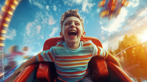 A child rides a rollercoaster with a hysterically happy face on an amusement ride, Ai generated Images.