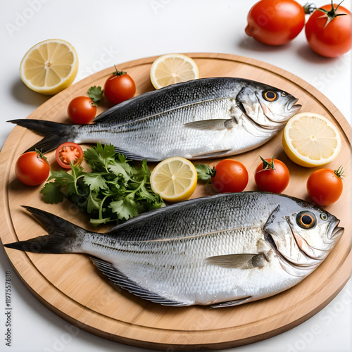 side view of black pomfret fish dish cooking with various ingredients. Fresh raw fish decorated with lemon slices and tomato on a wooden pad,white background. photo