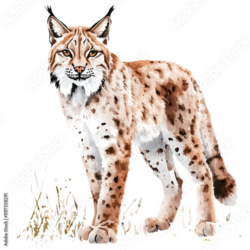 A watercolor vector of a lynx, isolated on a white background. Lynx vector.
