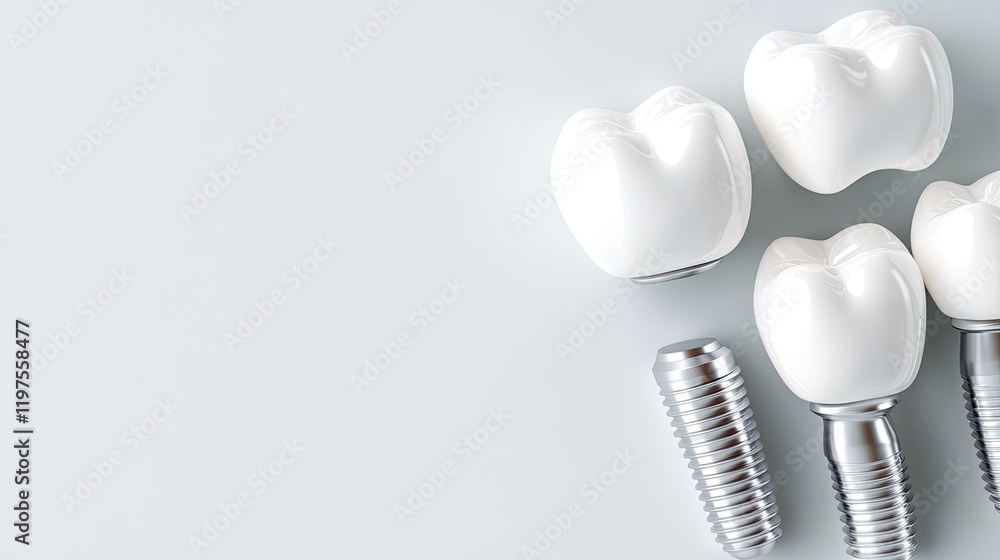 This 3D rendering shows three teeth on a long dental screw, emphasizing the crown concept against a white background This 3D rendering shows three teeth on a long dental screw, emphasizing the crown concept against a white background