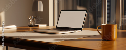 Wallpaper Mural Professional workspace featuring a clean desk setup with a laptop, planner, and coffee minimalistic and productive environment Torontodigital.ca