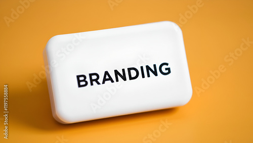 Close up of BRANDING text representing on small square toy on white background photo