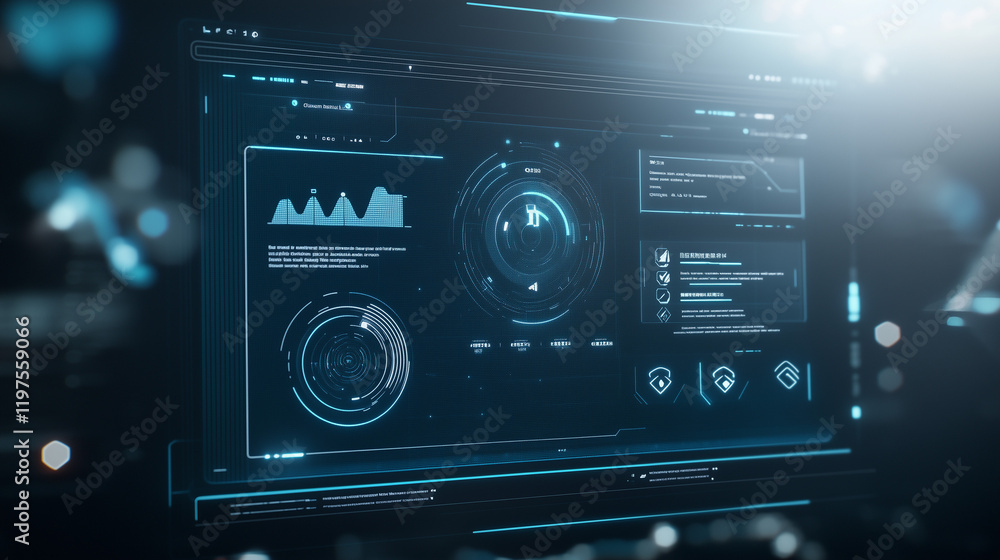 Cyber Interface: A close-up view of a futuristic, digital interface with glowing blue and white graphics on a black background. The intricate details suggest advanced technology and data analytics. Cyber Interface: A close-up view of a futuristic, digital interface with glowing blue and white graphics on a black background. The intricate details suggest advanced technology and data analytics.