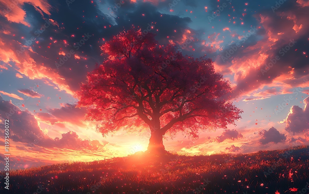 Fototapeta premium Solitary Tree Sunset Hilltop Digital Painting