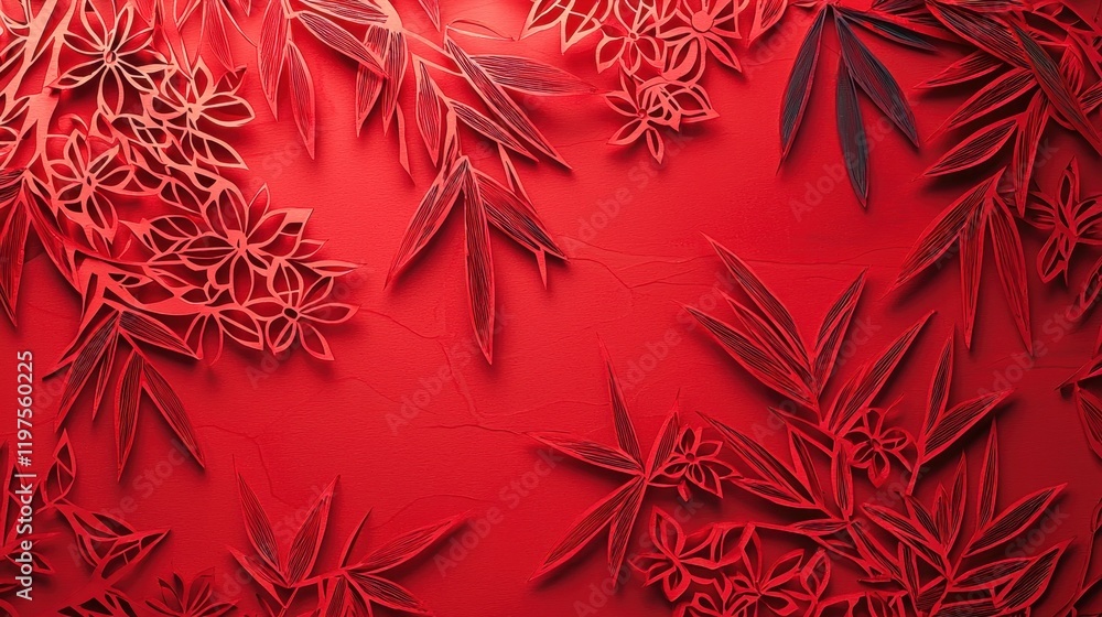custom made wallpaper toronto digitalElaborate Paper Cut Design with Floral and Leaf Patterns on Vibrant Red Background for Creative and Artistic Projects