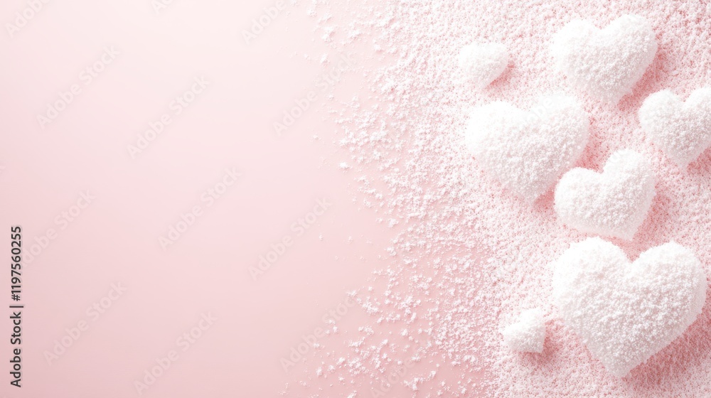Fototapeta premium A whimsical array of white sugar hearts scattered across a soft pink backdrop, embodying love's sweetness and the spirit of Valentine's Day.