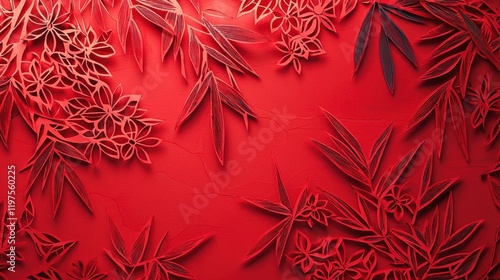 Wallpaper Mural Elaborate Paper Cut Design with Floral and Leaf Patterns on Vibrant Red Background for Creative and Artistic Projects Torontodigital.ca