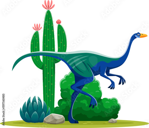 Dinosaur or prehistoric lizard Garudimimus and dino animal character, cartoon vector. Jurassic or Cretaceous era Garudimimus bird dinosaur of ornithomimosaur species for kid paleontology encyclopedia