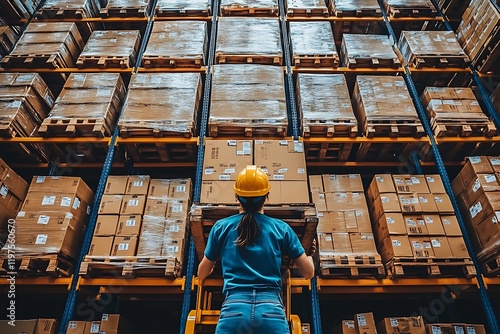A worker in a warehouse pushes a forklift loaded with boxes and pallets through a maze of towering shelves, representing the bustling efficiency of industrial logistics.