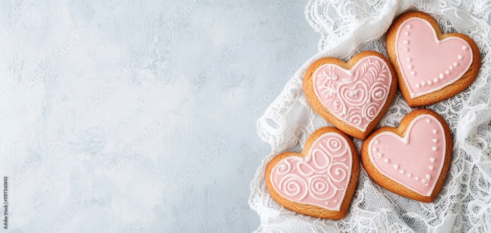 Fototapeta premium Sweetheart cookies with intricate pink icing and heart shapes placed on a delicate lace cloth celebrating love and creativity