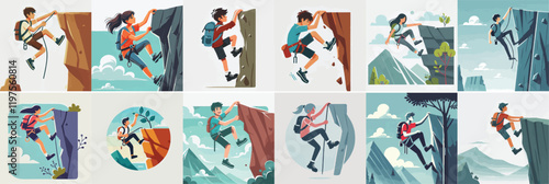 Vector set of a teenager climbing a cliff with a simple and minimalist flat design style, white background