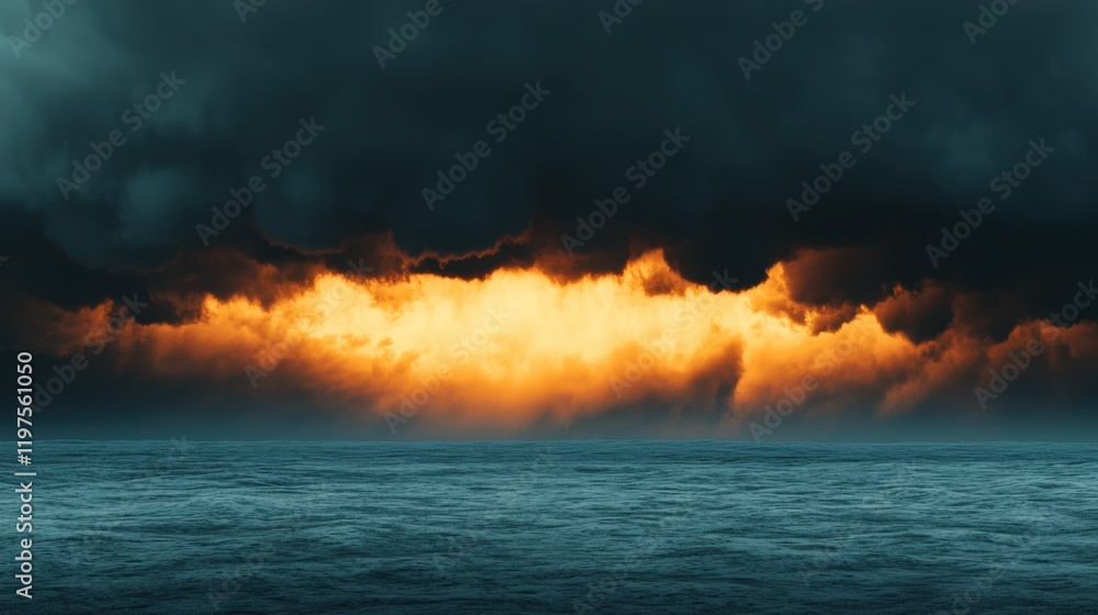 Obraz premium A dramatic scene of dark clouds illuminated by a fiery sunset over a calm ocean, creating a striking contrast between light and shadow.