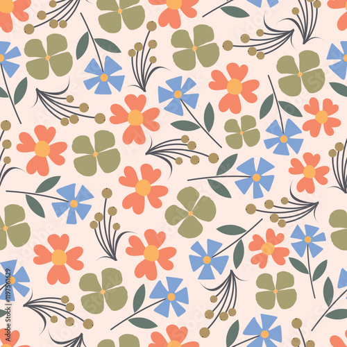 Floral seamless pattern. Foliage surface design of scandi flowers and clover leaves