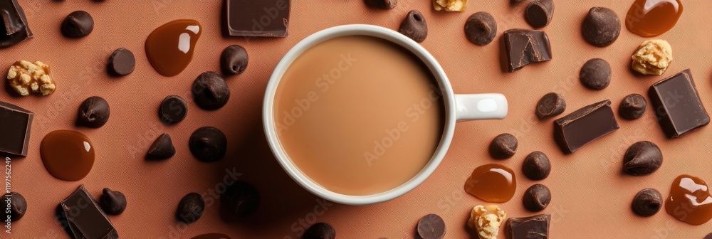Obraz premium A top view of a coffee cup surrounded by chocolate chips and caramel sauce