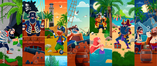 Cartoon pirate and corsair characters collage with maritime scenes. Vector fantasy sailors and captains engaged in treasure hunt on tropical island, capturing the adventurous spirit of nautical tales