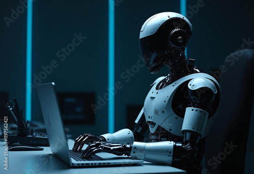 Sleek Grey Robotic Figure Engaging with Laptop