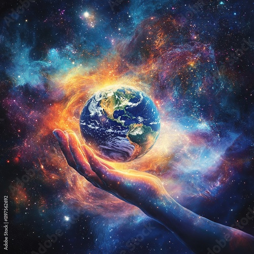 A divine hand gently holding planet Earth, surrounded by the vastness of the universe with stars and galaxies glowing in the background.

 photo