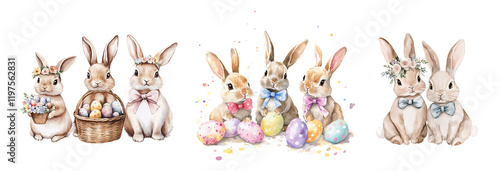 Wallpaper Mural Watercolor Easter Bunnies with Eggs, Spring Flowers, Cute Rabbits, Bunny Family, Floral Basket, Bow Ties, and Festive Holiday Decoration Torontodigital.ca