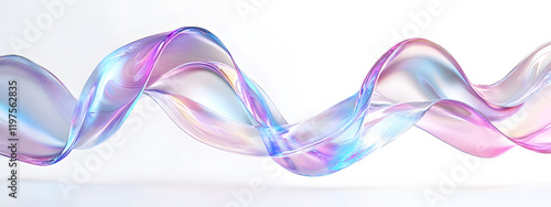 3d abstract liquid glass ribbon with transparent wave lines, rainbow fluid curves, holographic gradient textures, and dispersion light effects for modern design elements in a glossy flying form.