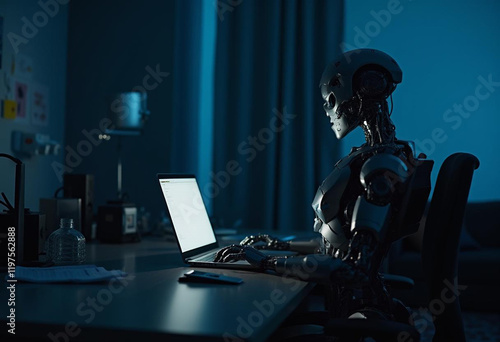 Sleek Grey Robotic Figure Engaging with Laptop