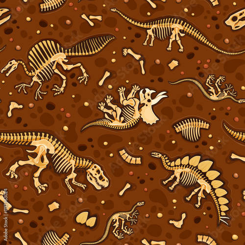 Prehistoric dinosaur fossils seamless pattern features dino bones and skeletons arranged on brown, textured soil background. Vector tile, wallpaper or textile with cartoon ancient skeletal structures