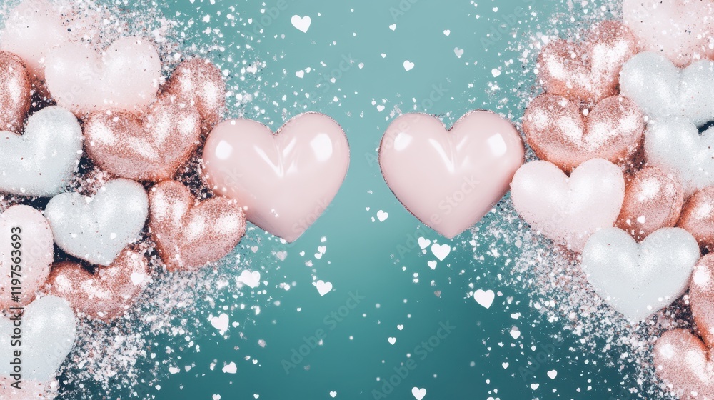 Fototapeta premium Hearts float gently through the snowy air, creating a whimsical scene of love and winter's embrace, perfect for Valentine's Day.