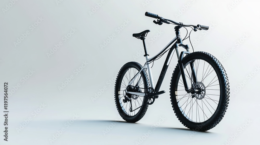 Obraz premium Sleek silver and black mountain bike on white background.
