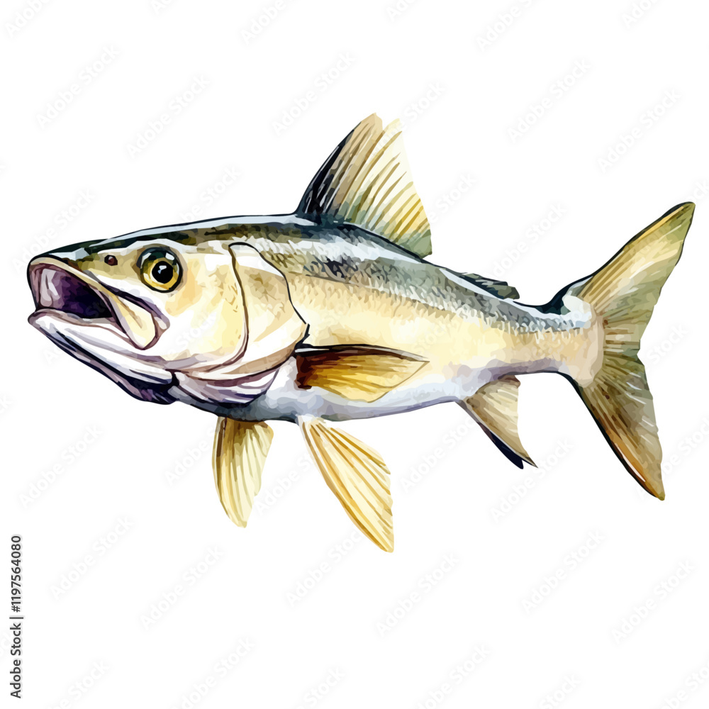 A watercolor of a haddock, isolated on a white background. Haddock vector.
A watercolor of a haddock, isolated on a white background. Haddock vector.