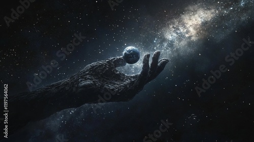 A divine hand gently holding planet Earth, surrounded by the vastness of the universe with stars and galaxies glowing in the background.

 photo