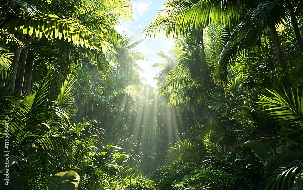 Sunbeams pierce lush, green tropical rainforest canopy. Sunbeams pierce lush, green tropical rainforest canopy.