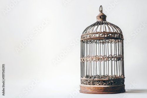 A vintage birdcage with intricate metalwork, standing alone against a minimalist background, evoking themes of freedom and confinement.