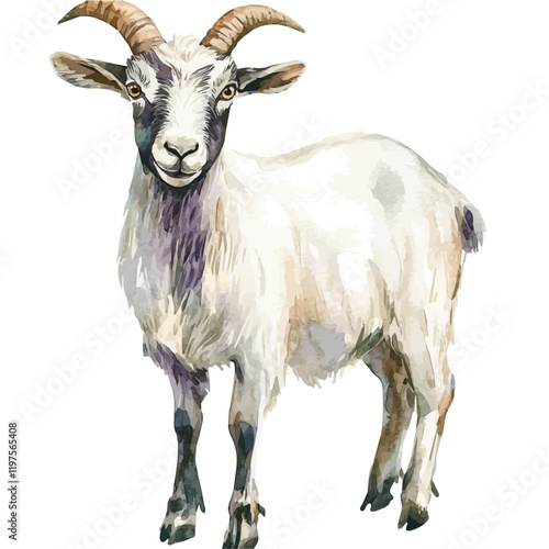 A watercolor of a goat, isolated on a white background. Goat vector.
