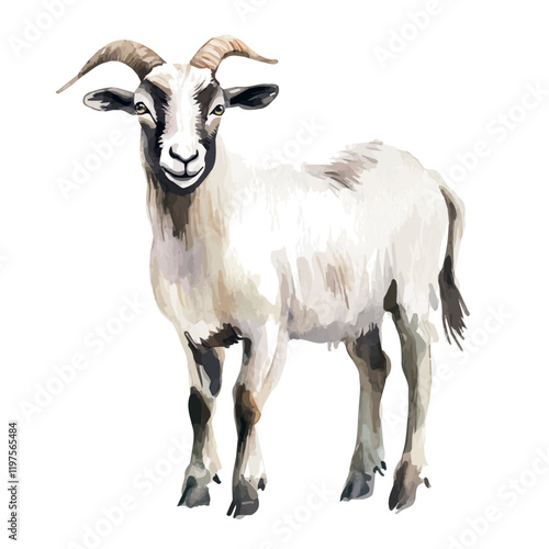 A watercolor of a goat, isolated on a white background. Goat vector.
