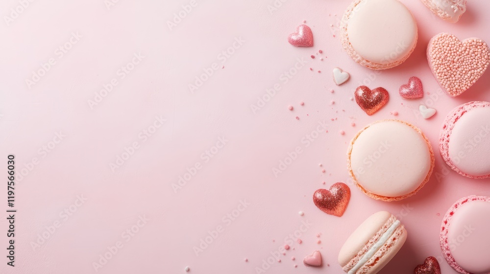Delight in a whimsical display of colorful macarons and charming hearts, all set against a soft pink backdrop that captures the essence of love. Delight in a whimsical display of colorful macarons and charming hearts, all set against a soft pink backdrop that captures the essence of love.