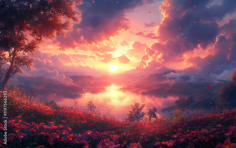 Fototapeta premium Dreamy Sunset River Landscape with Flowers