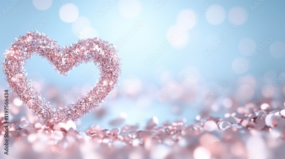 Fototapeta premium A sparkling heart, shimmering with glitter, stands out against a serene blue backdrop, embodying love and celebration this Valentine's Day.