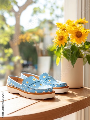 Abstract cow print loafers with pastel blue accents and sunflower decor in bright daylight. photo