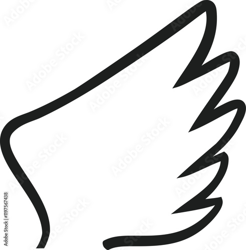 Single black wing rising gracefully, hand drawn illustration isolated on a white background, symbolizing freedom, flight, aspiration, and the spirit of hope and dreams