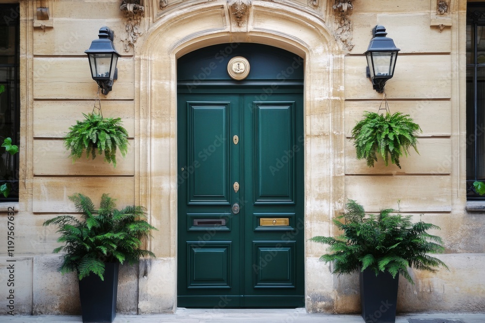 Beautiful green door with elegant lanterns and lush ferns adorning a historic building in a charming city, showcasing classic architecture and inviting entrance Beautiful green door with elegant lanterns and lush ferns adorning a historic building in a charming city, showcasing classic architecture and inviting entrance