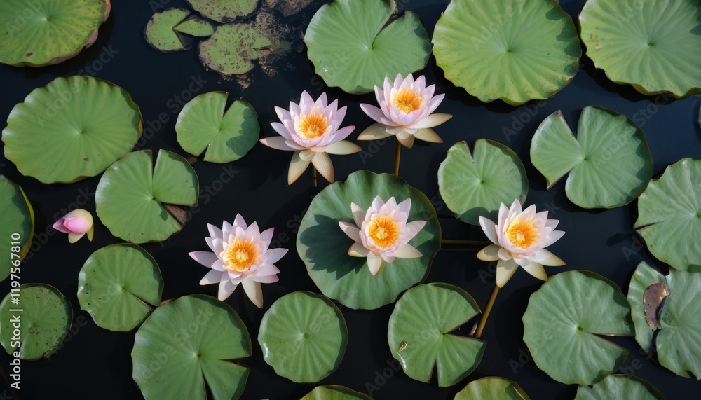 A beautiful summer pond with blooming white water lilies surrounded by vibrant aquatic plants A beautiful summer pond with blooming white water lilies surrounded by vibrant aquatic plants