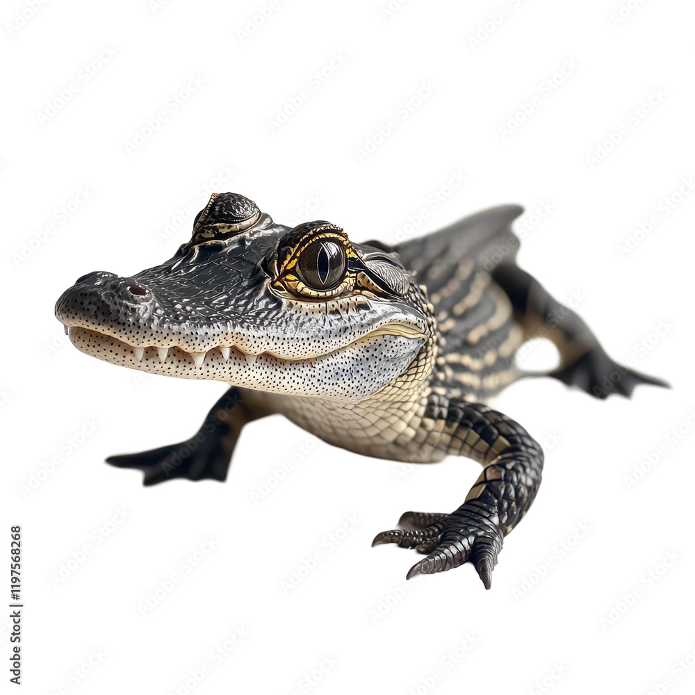 Fototapeta premium Close up of a small alligator resting on a Png surface in natural light, a close up a small alligator on a Png surface. transparent background
