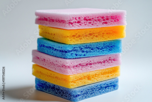 Colorful sponges stacked in a kitchen sink, vibrant and neatly arranged, ready for dishwashing.