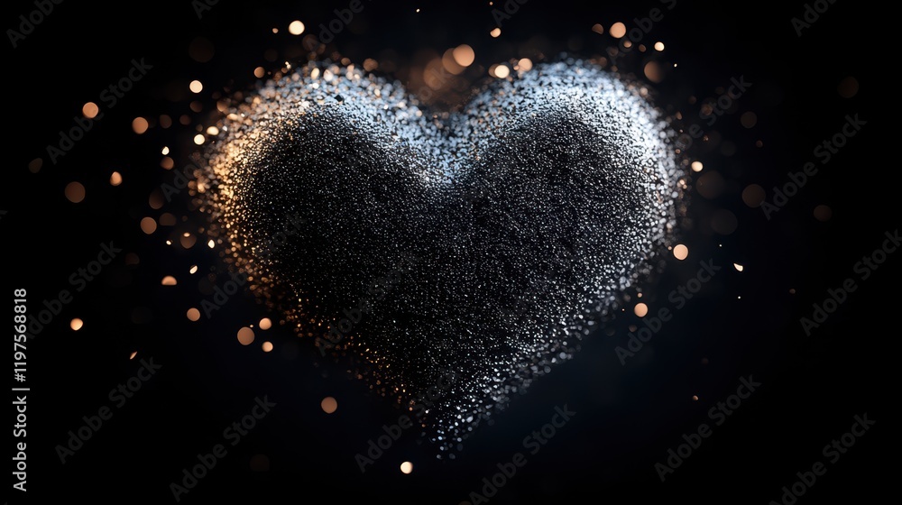 A sparkling heart of glitter glimmers against a deep black backdrop, embodying love's enchantment and the magic of Valentine's Day. A sparkling heart of glitter glimmers against a deep black backdrop, embodying love's enchantment and the magic of Valentine's Day.