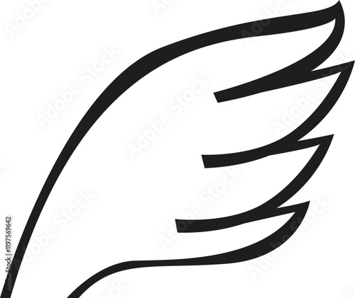 Minimalist illustration of a wing rising, depicted with simple and elegant black lines on a white background, conveying a sense of lightness and freedom