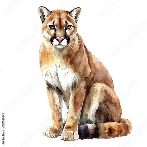 A watercolor of a cougar, isolated on a white background. Cougar vector.
