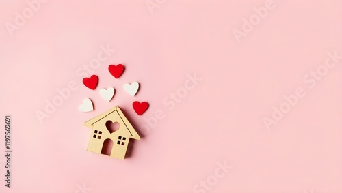 Wooden house toy and paper box red heart shape on pink background with copy space.Real estate concept, New house concept, Love house concept, Finance loan business concept