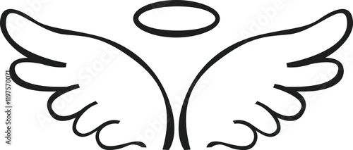 Simple line drawing depicting angel wings and a halo, symbolizing spirituality, purity, and innocence while conveying a sense of divine presence and celestial grace