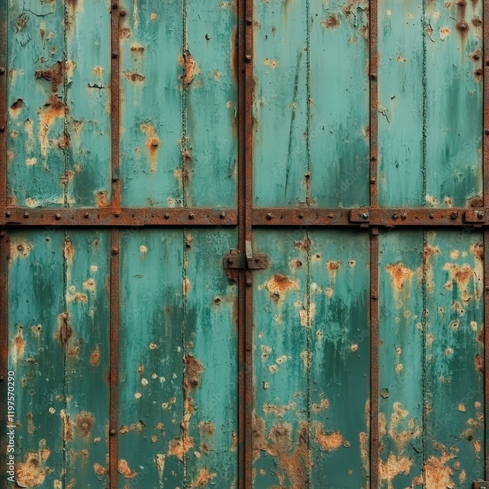 Rustic teal metal door with weathered texture and rust details Rustic teal metal door with weathered texture and rust details