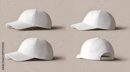 Four White Baseball Caps Displayed From Different Angles photo