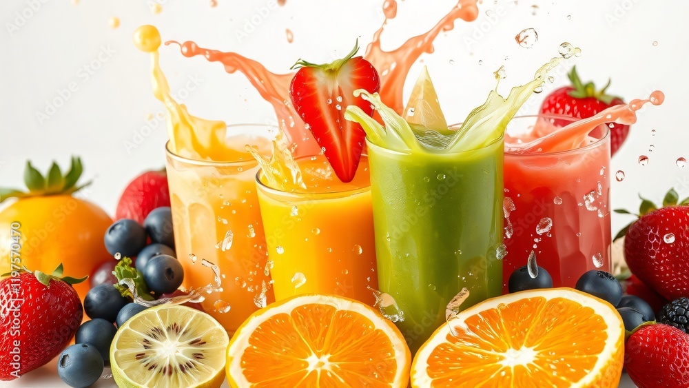 Fresh Fruit Juice Splash Vibrant Smoothie Drinks in Glasses with Assorted Berries and Citrus Fruits Fresh Fruit Juice Splash Vibrant Smoothie Drinks in Glasses with Assorted Berries and Citrus Fruits
